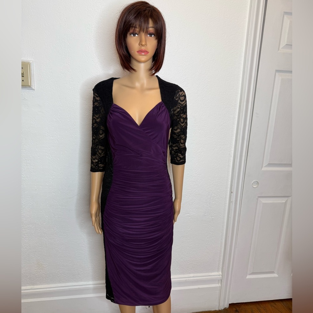 🆕 Kiyonna Purple Black Valentina Illusion Sweetheart Ruched Dress Size 0
